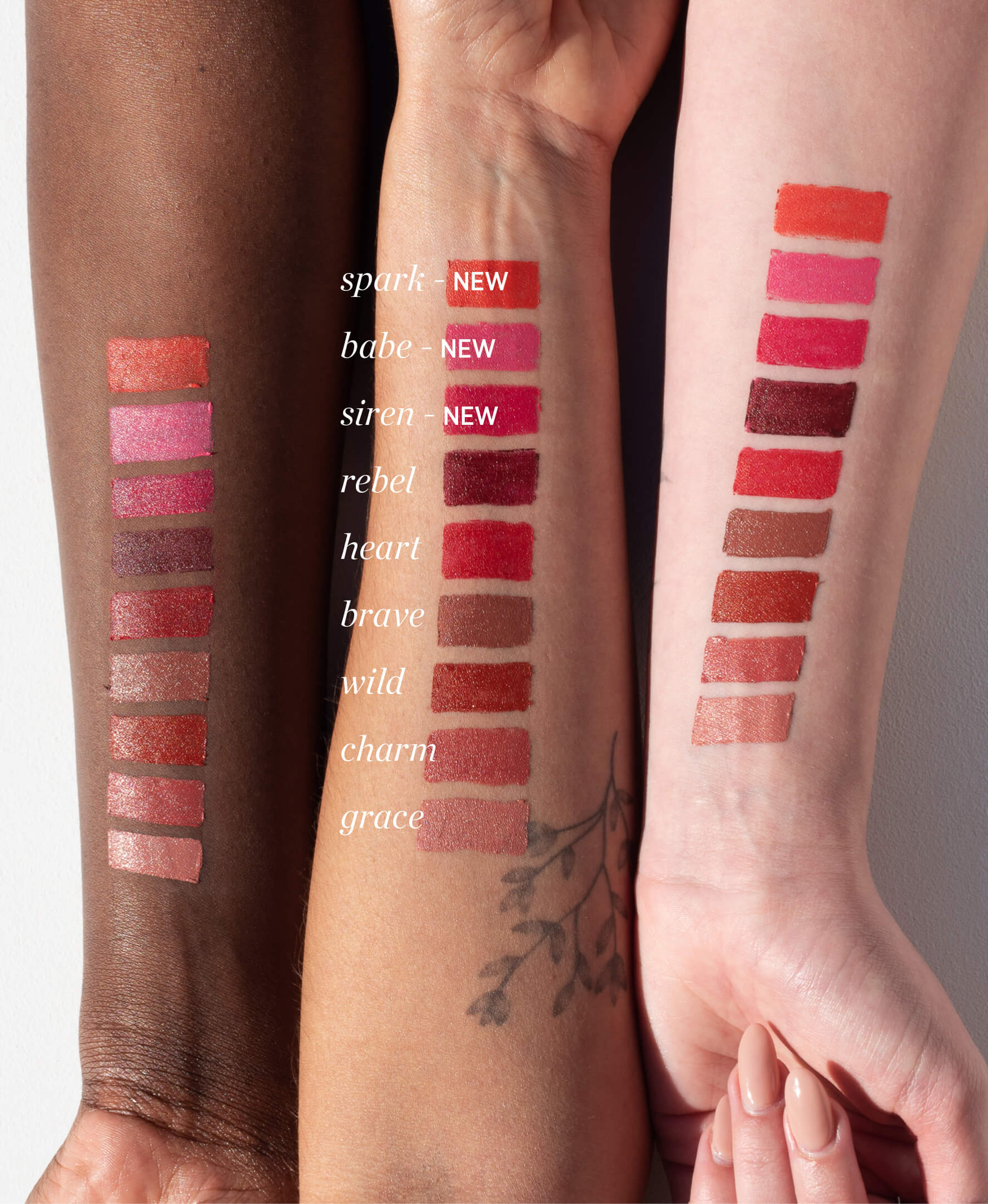 swatches of different shades of natural coco lip pen on different skin tones