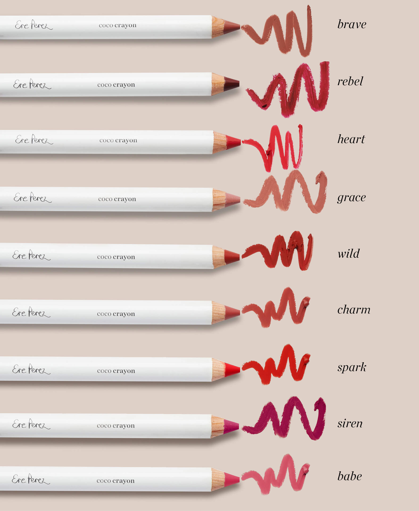 swatches of natural coco lip colour and their eco-responsible crayons 