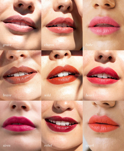smooth hydrating coco crayon by Ere Perez applied on multiple lips in different shade all offering a rich, moisturising &amp; long-lasting colour 