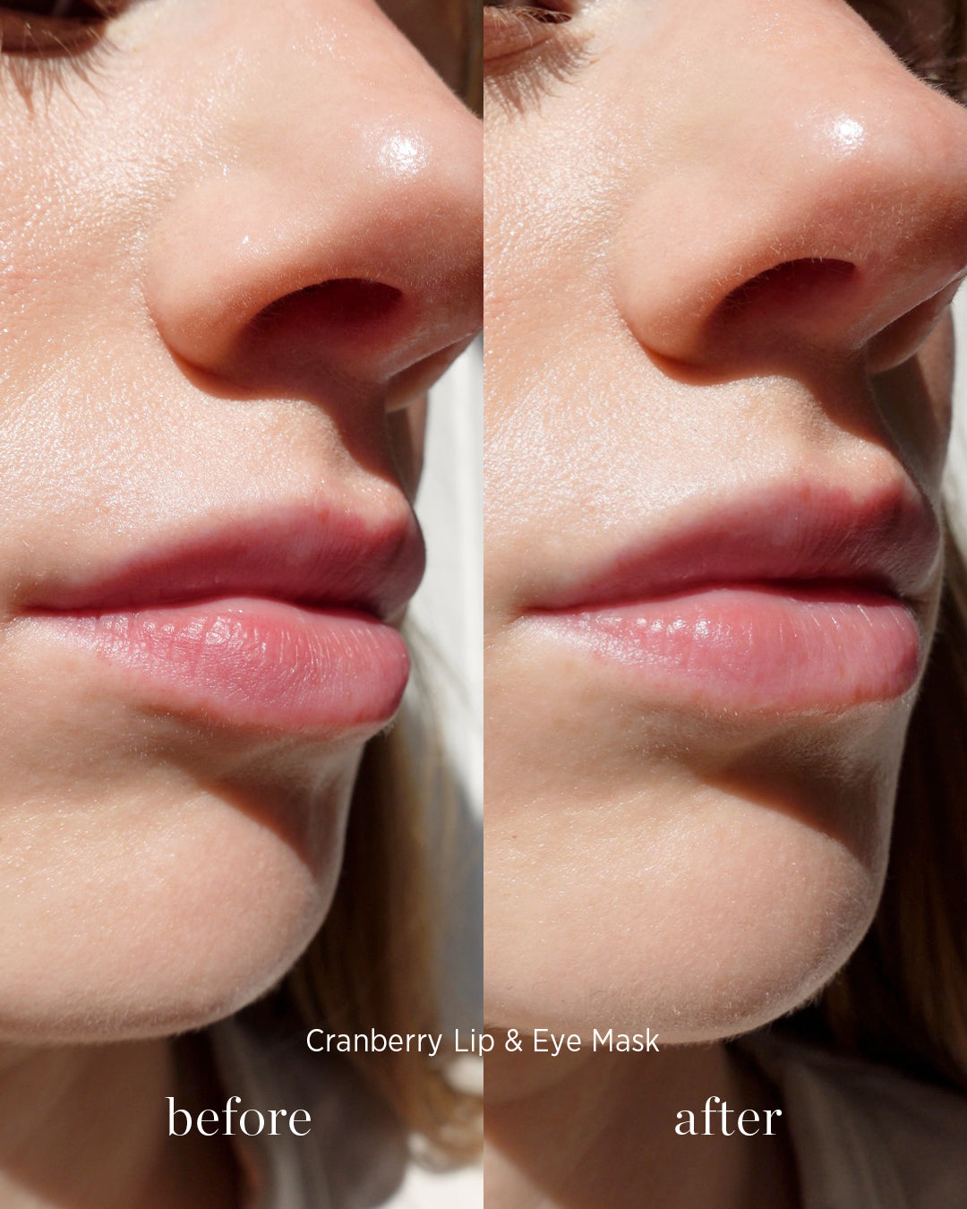 comparison before and after application of natural moisturising lip &amp; eye mask by Ere Perez