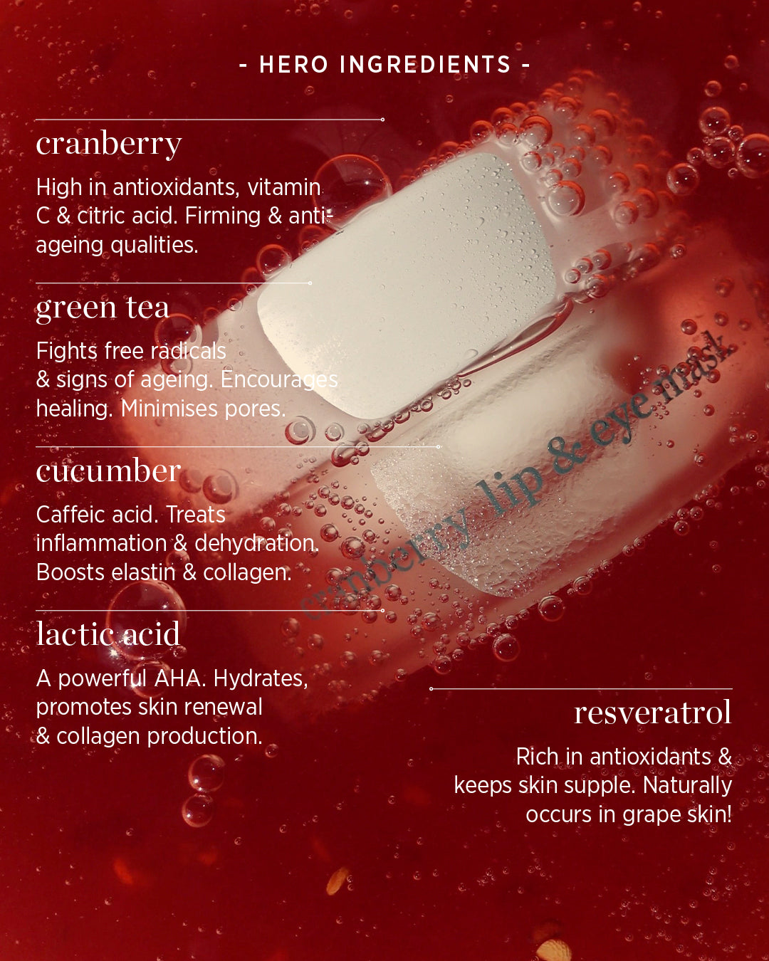 all-natural hero ingredients of Ere Perez cranberry lip &amp; eye mask and their main benefits