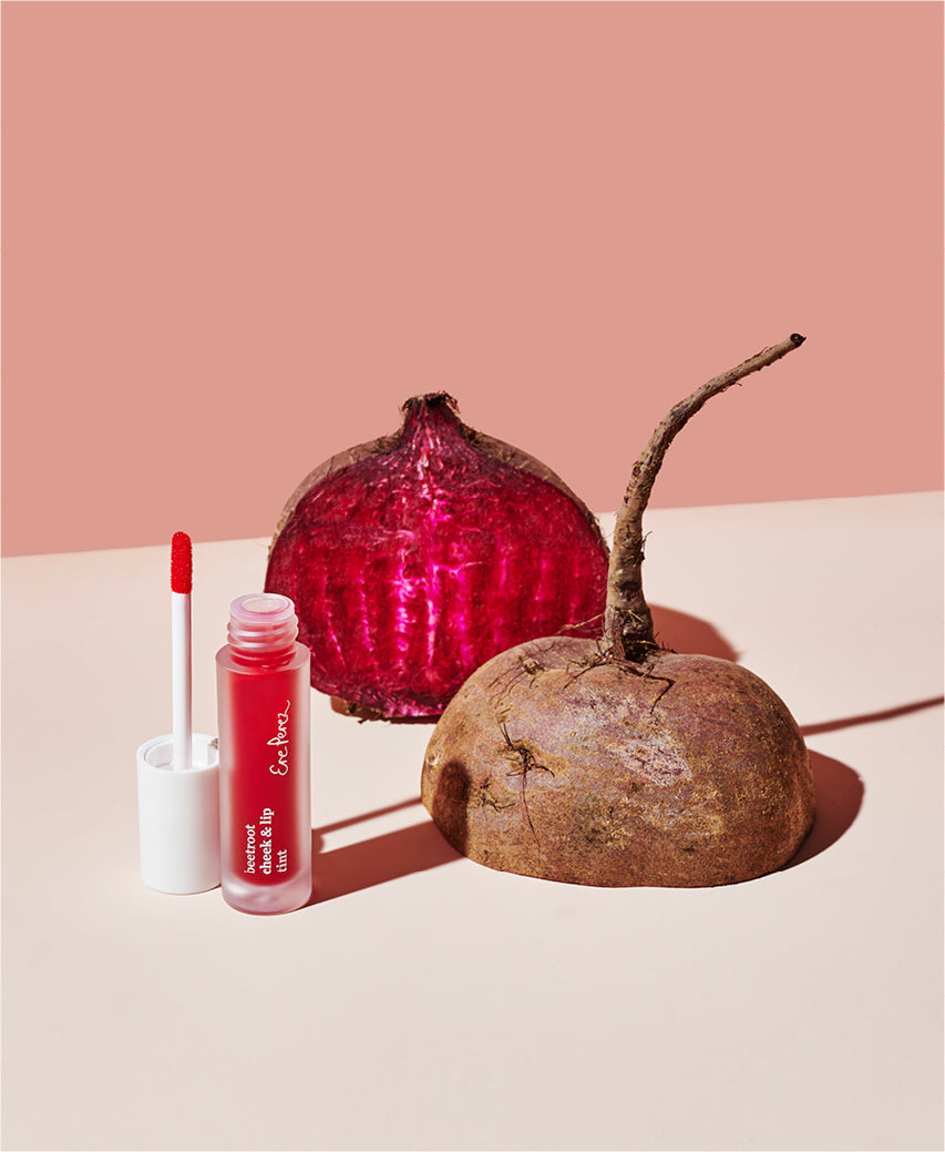 Ere Perez natural &amp; plastic free beetroot cheek &amp; lip tint multi-use bottle and its min ingredient: beetroot