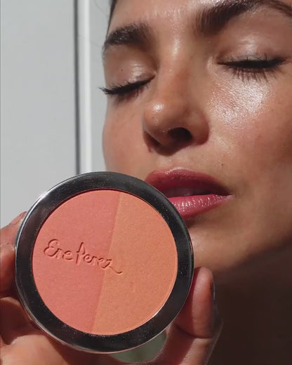 natural &amp; gentle rice powder blush in its wheel and applied on skin for a sun-kissed look